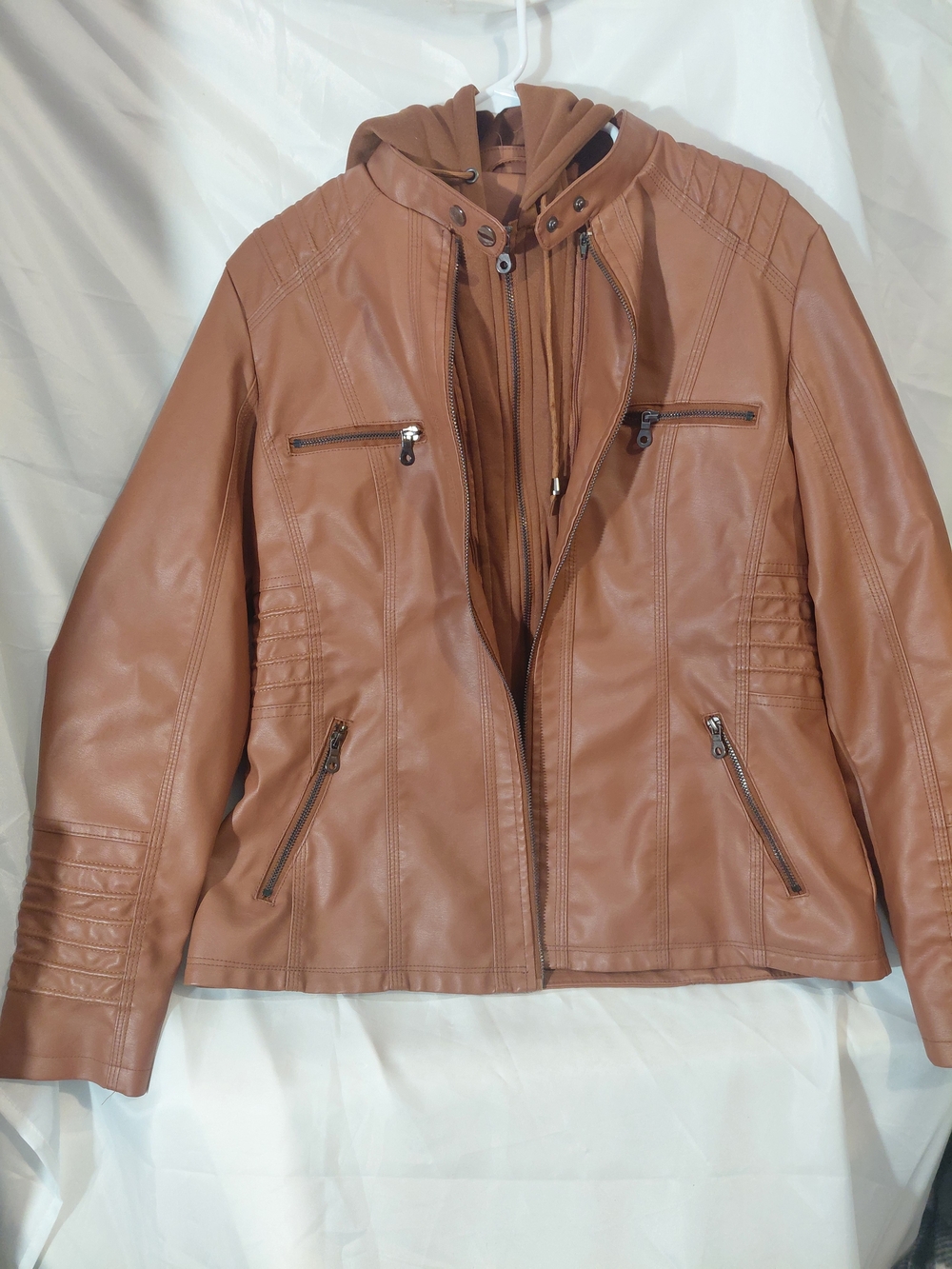 Source Unknown Tan Faux Leather Hooded Jacket with Zippers